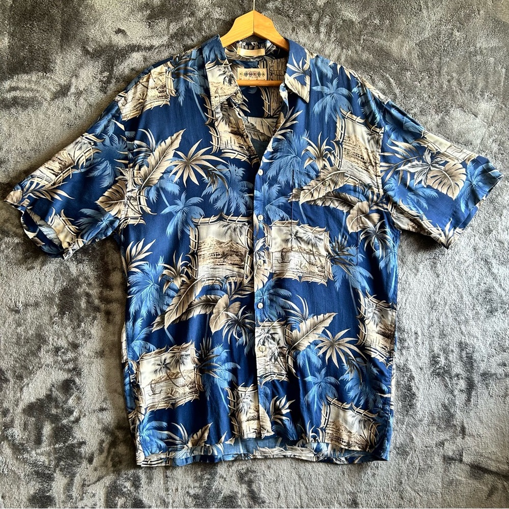Campia Moda Hawaiian Shirt Mens L Blue Tropical Rayon Button Up Camp Island